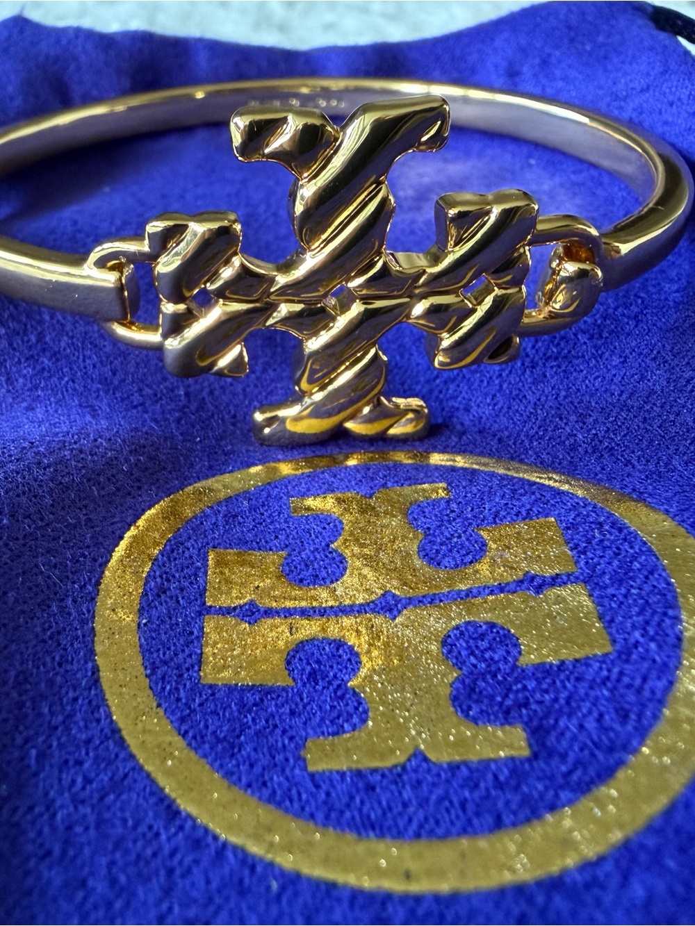 Tory Burch Gold Logo Bangle with Blue Pouch